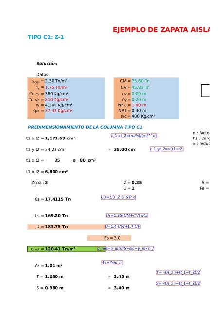 Hoja de Calculo de Diseño de una Zapata Aislada Apuntes de Ingenieria