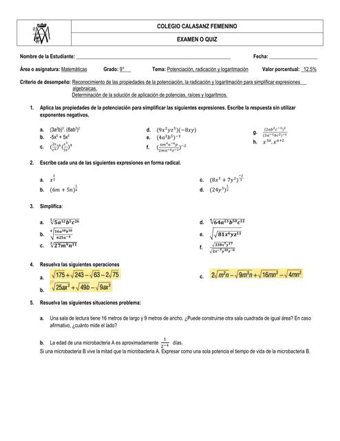 Examen Potenciacion Radicacion Y Logaritmacion Jazm N Hv Udocz