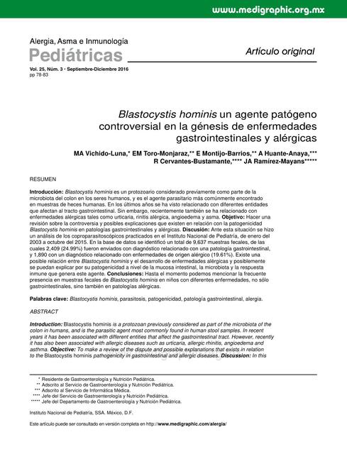 Blastocystis Hominis un Agente Patógeno Controversial en la Génesis de