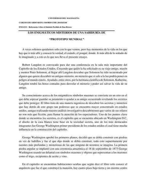 Ensayo libro El Símbolo Perdido de Dan Brown Carlos Reina Osorio uDocz