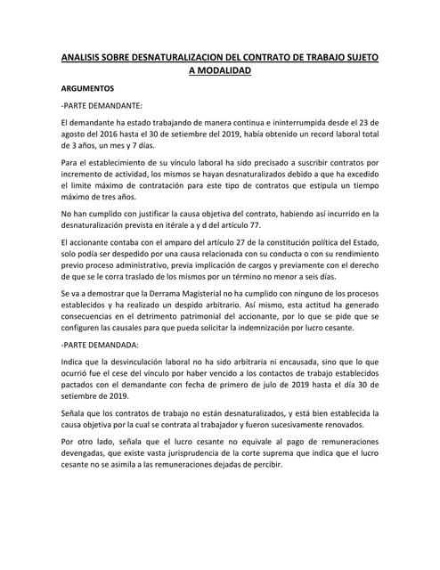 ANALISIS SOBRE DESNATURALIZACIÓN DEL CONTRATO DE TRABAJO SUJETO A