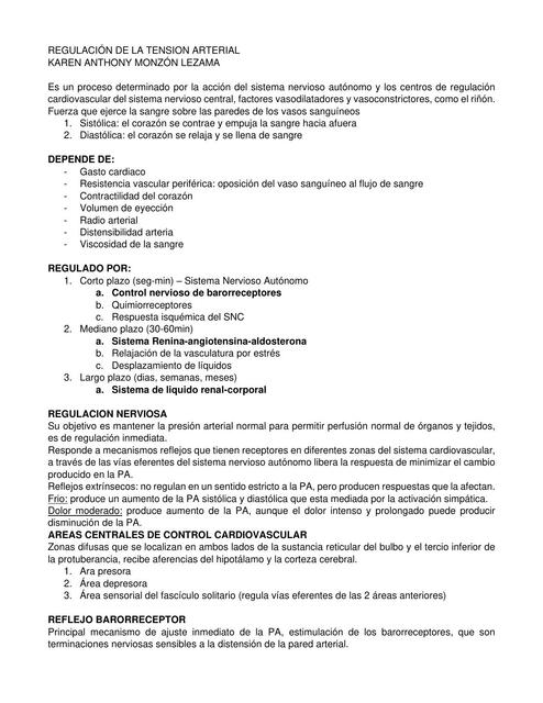 REGULACIÓN DE LA TENSIÓN ARTERIAL Karen Monzón uDocz