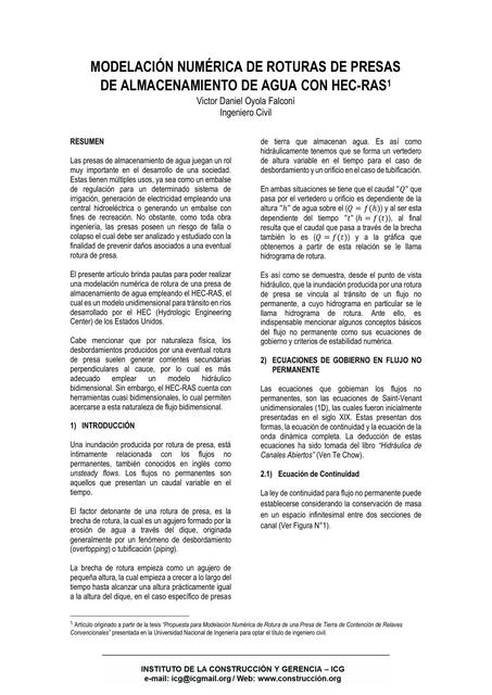 Modelaci N Num Rica De Roturas De Presas De Almacenamiento De Agua Con