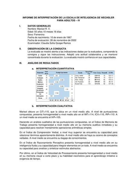 Informe De Interpretaci N De La Escala De Wechsler En Adultos Claudia