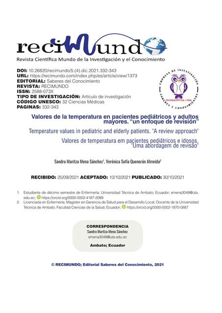 Valores De La Temperatura En Pacientes Pedi Tricos Y Adultos Mayores