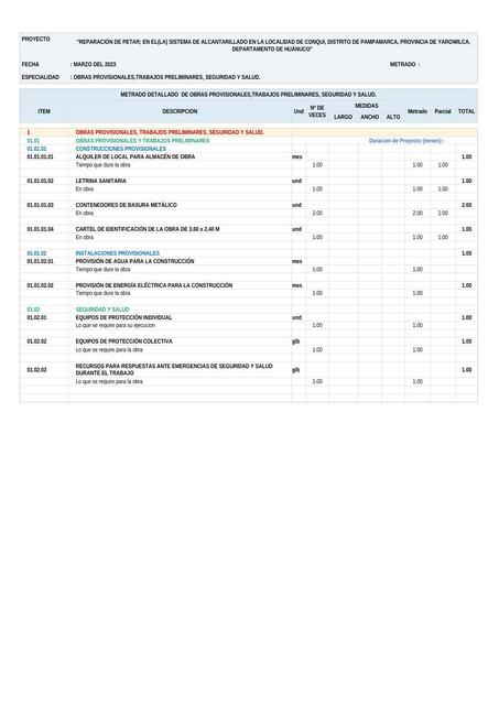 Hoja De Metrado De Obras Provisionales PTAR Apuntes De Ingenieria