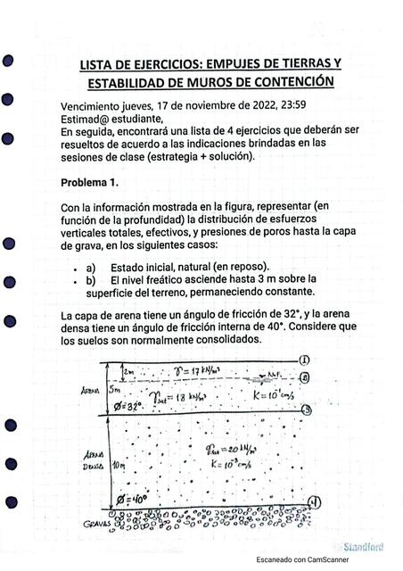 Lista De Ejercicios Empujes De Tierras Y Estabilidad De Muros De