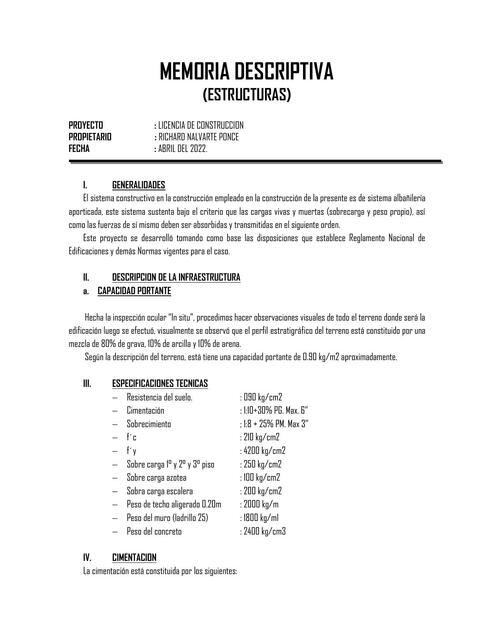 Memoria Descriptiva Estructuras Ingenieria Civil Udocz