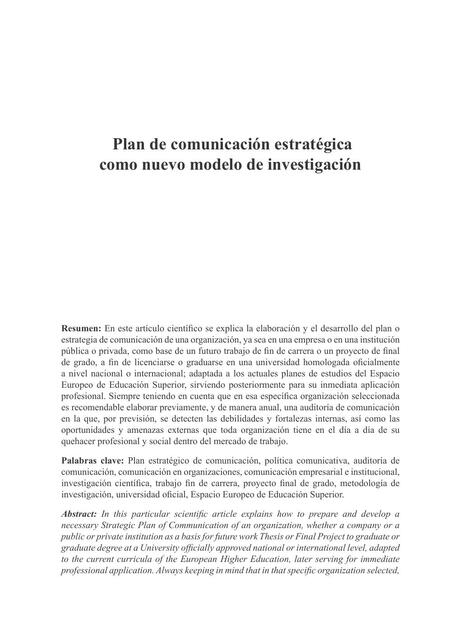 Plan De Comunicaci N Estrat Gica Como Nuevo Modelo De Investigaci N