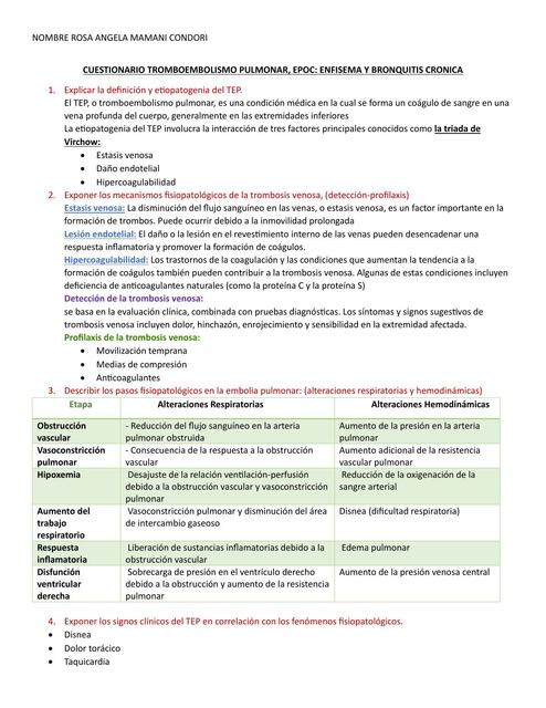 Cuestionario Tromboembolismo Pulmonar EPOC Enfisema Y Bronquitis