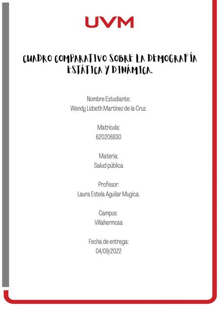 La demografía estática y dinámica Wendy Lizbeth Martinez de la Cruz