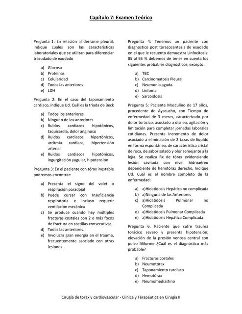 Examen de Cirugía de tórax y cardiovascular A Francis Camayo Aguirre