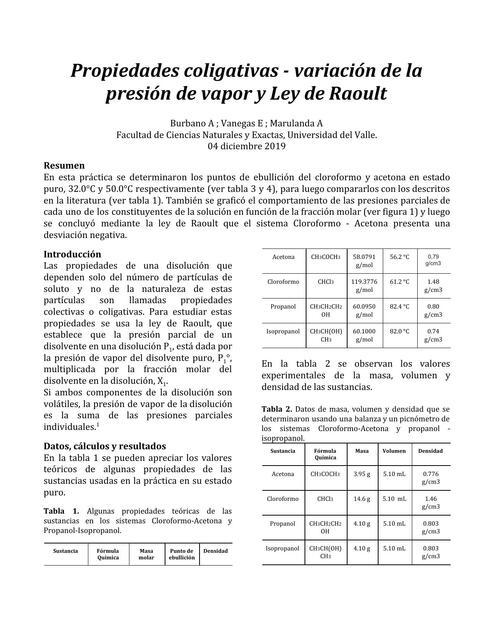 Propiedades coligativas Variación de la presión de vapor y Ley de