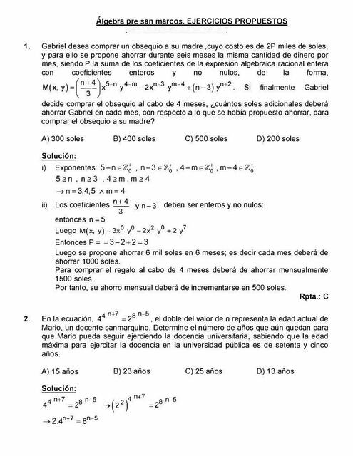 Álgebra pre san marcos ejercicios propuestos Todo Cálculo uDocz