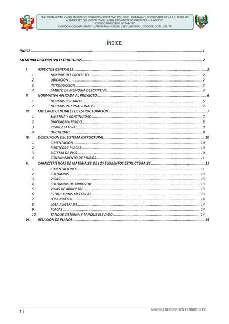 Informe De Memoria Descriptiva De Estructuras De Colegio Apuntes De