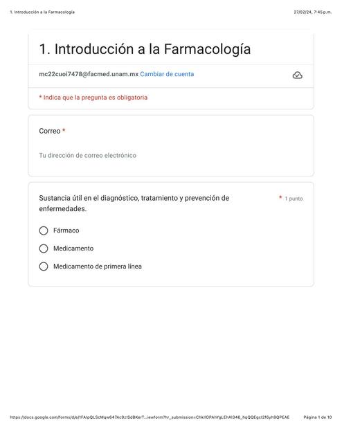 Examen sobre la Introducción a la Farmacología IOVANNY CRUZ OJEDA uDocz