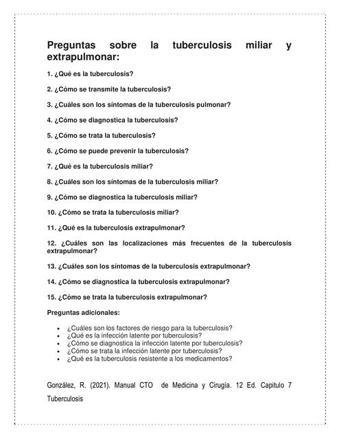 Preguntas Sobre La Tuberculosis Miliar Y Extrapulmonar Sharon