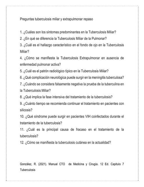 Preguntas Tuberculosis Miliar Y Extrapulmonar Repaso Sharon Velazquez