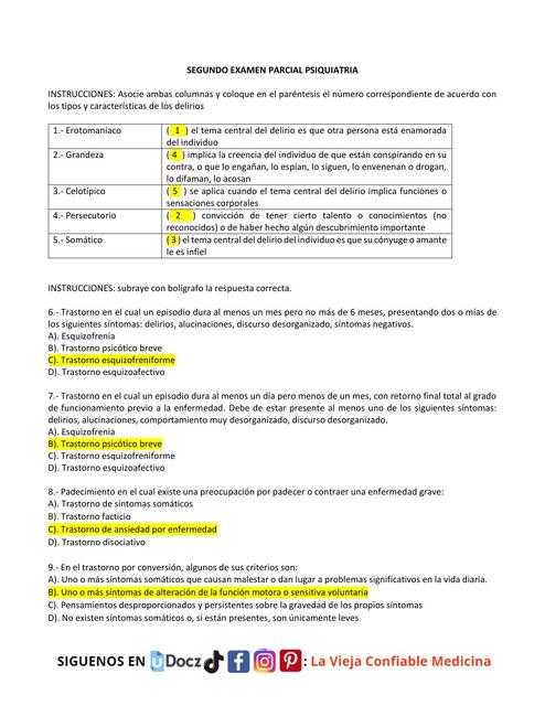 SEGUNDO EXAMEN PARCIAL PSIQUIATRIA La Vieja Confiable Medicina UDocz