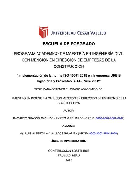 Implementación de la norma ISO 45001 2018 en la empresa URBIS