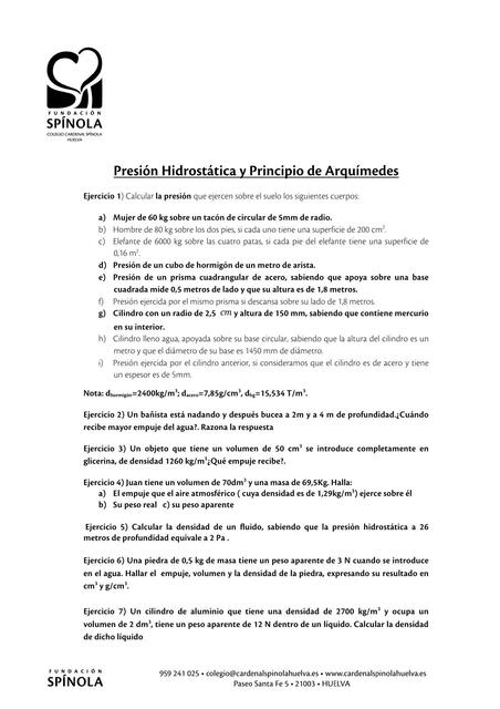 Presión Hidrostática y Principio de Arquímedes