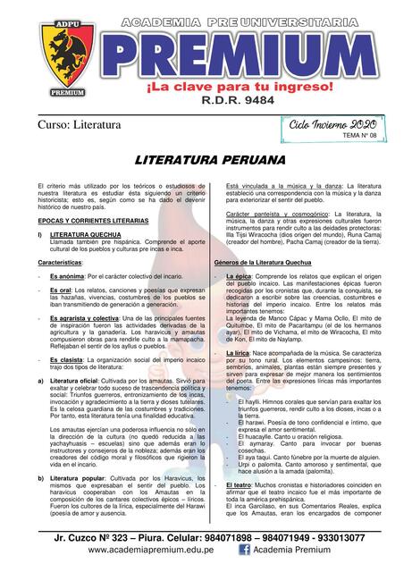 TEMA 08 DE LITERATURA LITERATURA PERUANA