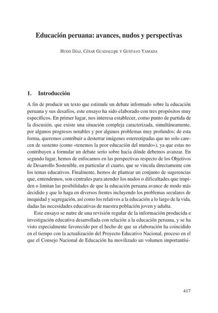 Ensayo sobre la Educación peruana avances nudos y