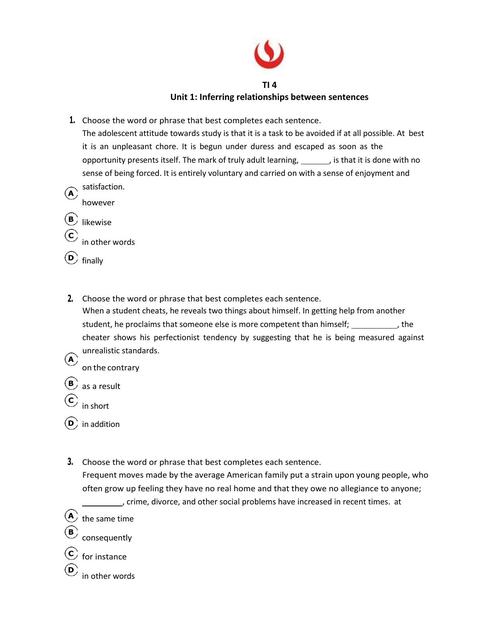 Quiz Inferring relationships between sentences