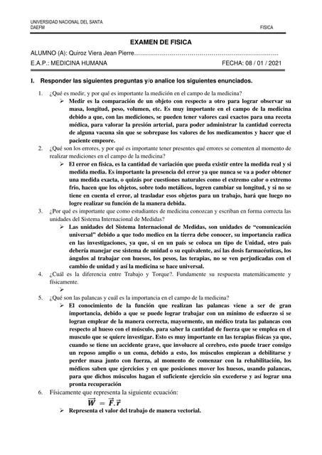 EXAMEN DE FISICA I UNIDAD MEDICINA