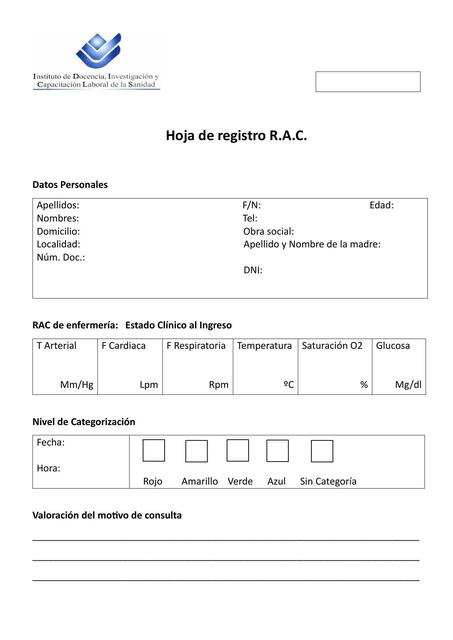 Hoja de registro R.A.C