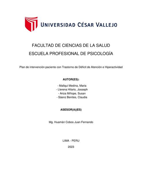 Plan de intervención paciente con Trastorno de Déficit de Atención e Hiperactividad 