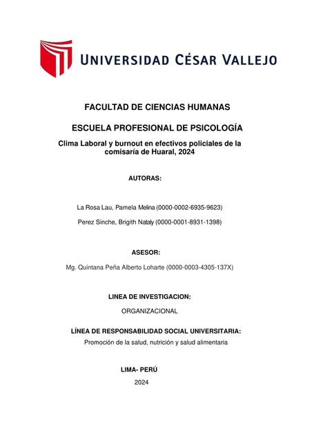 Clima laboral y burnout en efectivos policiales de la comisaría de Huaral 2024 