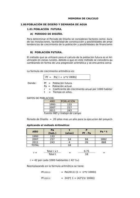 MEMORIA de CALCULO Poblacion y