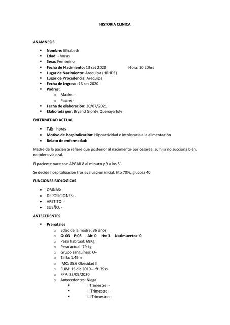 HISTORIA CLINICA HIPOGLICEMIA NEONATAL