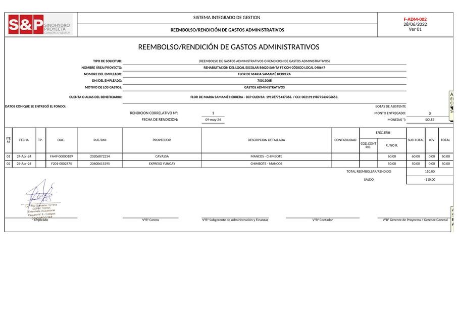 F ADM 002 RENDICIÓN Flor Samamé Herrera