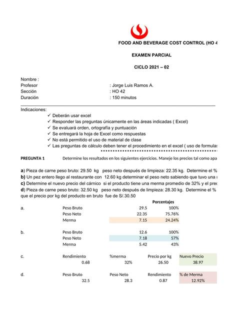 EXAMEN PARCIAL FOOD AND BEVERAGE COST CONTROL 2