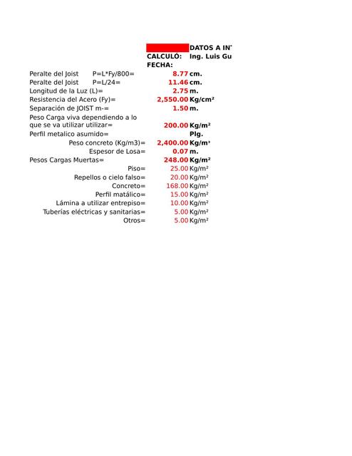 Calculo de JOIST MATÁLICO Luis