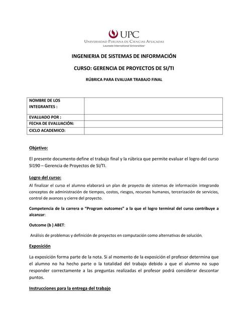 Rúbrica Trabajo Final Curso Gerencia de Proyectos