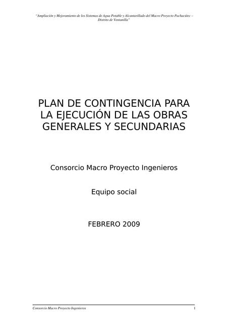 Plan De Contingencia en Ejecución de Obras:  INGENIERIA