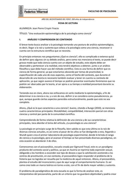 Análisis Articulo “Una evaluación epistemológica de la psicología como ciencia”