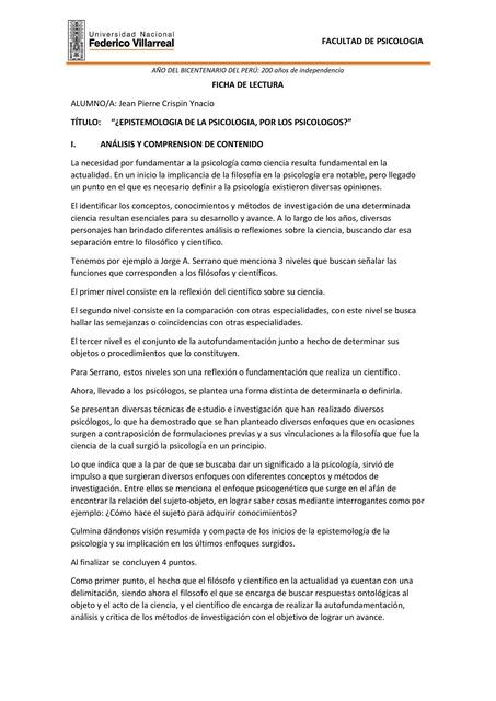 Análisis Articulo “¿EPISTEMOLOGIA DE LA PSICOLOGIA, POR LOS PSICOLOGOS?”