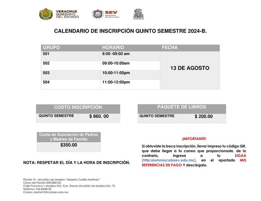 CALENDARIO INSCRIPCIONES QUINTO SEMESTRE B IXHUATL