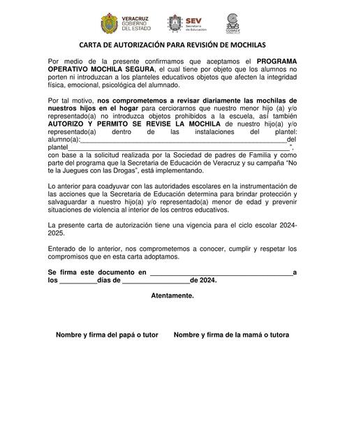 CARTA DE AUTORIZACIÓN PARA REVISIÓN DE MOCHILAS