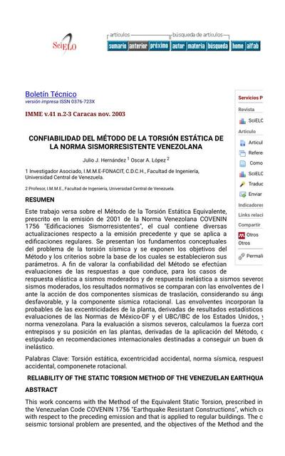 Confiabilidad del Método de la Torsión Estática de