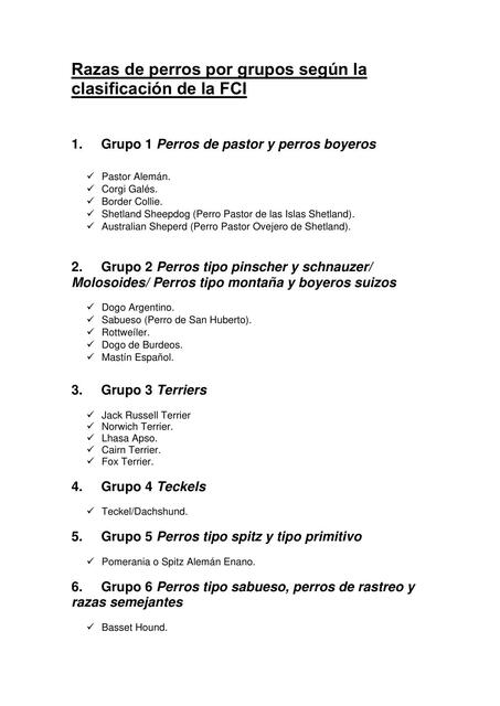 Razas de perros por grupos según la clasificación