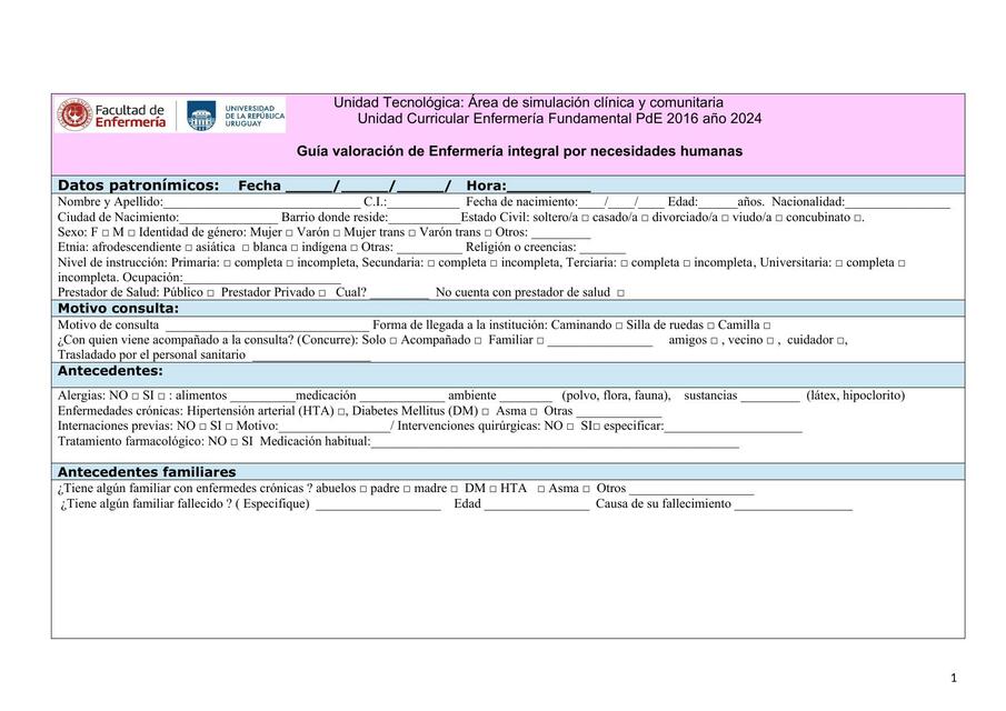 Guía valoración por necesidades humanas UC Enferme