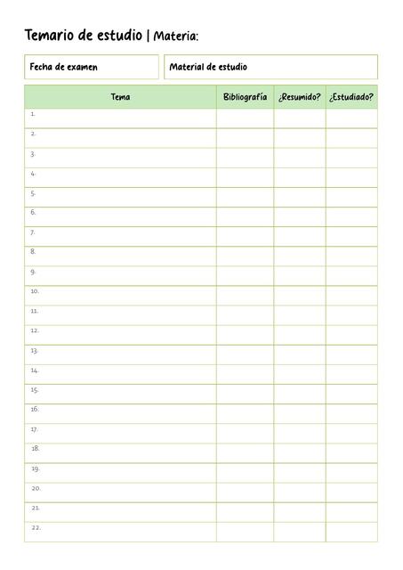 Temario para preparar un examen + Fecha de examen + Material de estudio (verde)