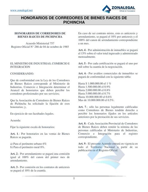 9 61 HONORARIOS DE CORREDORES DE BIENES RAICES DE