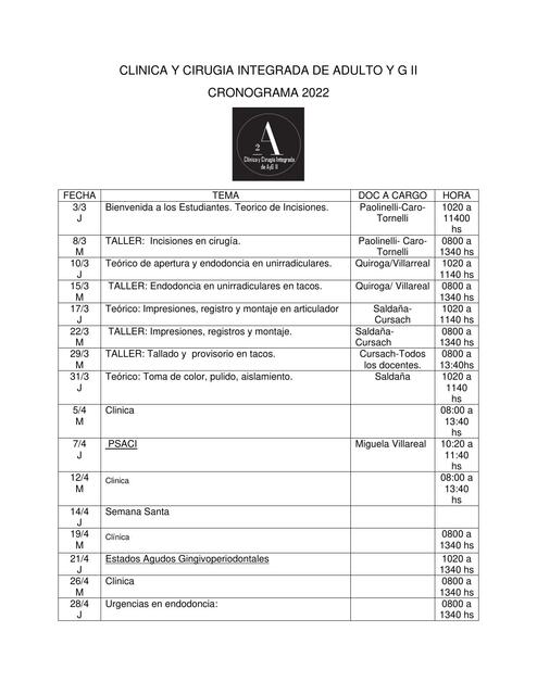 CRONOGRAMA hasta el 7 de junio Alumnos