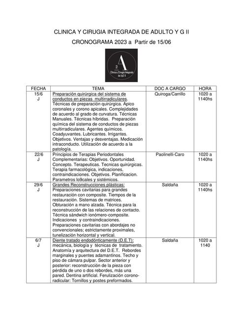 CRONOGRAMA a partir del 15 de Junio